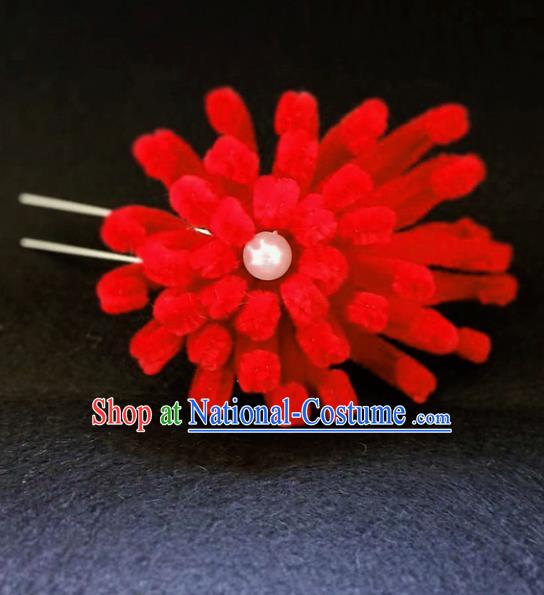 Chinese Ancient Qing Dynasty Court Red Velvet Chrysanthemum Hairpins Traditional Hanfu Handmade Hair Accessories for Women