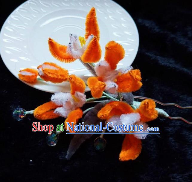 Chinese Ancient Qing Dynasty Court Velvet Orchid Hairpins Traditional Hanfu Handmade Hair Accessories for Women