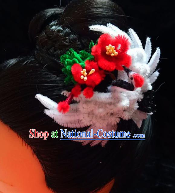 Chinese Ancient Qing Dynasty Court Velvet Crane Hairpins Traditional Hanfu Handmade Hair Accessories for Women