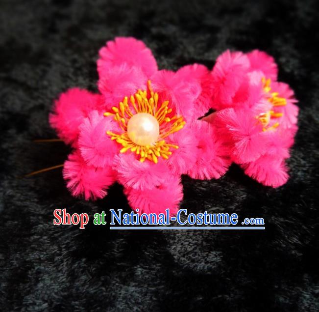 Handmade Chinese Ancient Qing Dynasty Rosy Velvet Hibiscus Hairpins Traditional Court Hanfu Hair Accessories for Women