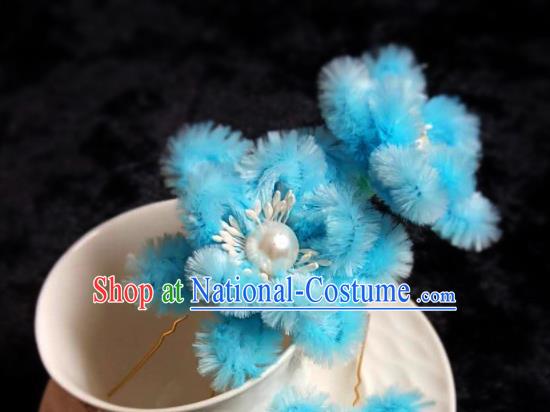 Handmade Chinese Ancient Qing Dynasty Blue Velvet Hibiscus Hairpins Traditional Court Hanfu Hair Accessories for Women