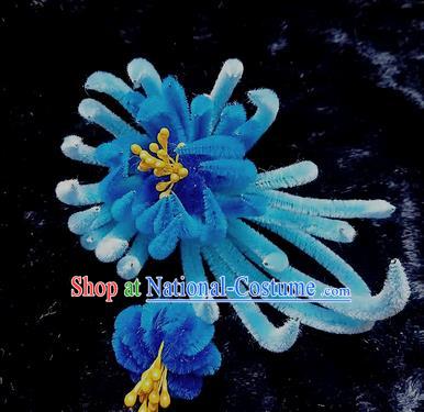 Chinese Handmade Qing Dynasty Blue Velvet Chrysanthemum Hairpins Traditional Ancient Court Hanfu Hair Accessories for Women