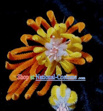 Chinese Handmade Qing Dynasty Orange Velvet Chrysanthemum Hairpins Traditional Ancient Court Hanfu Hair Accessories for Women