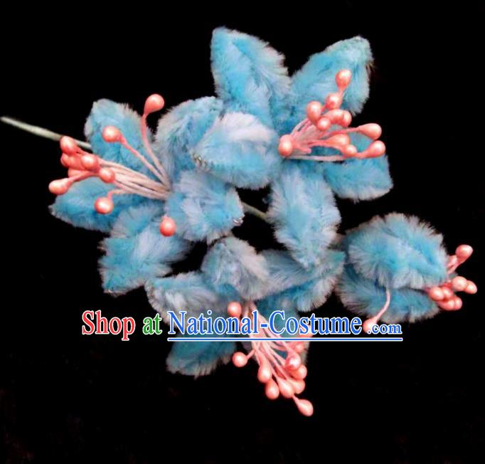 Chinese Handmade Qing Dynasty Court Blue Velvet Campsis Hairpins Traditional Ancient Hanfu Hair Accessories for Women