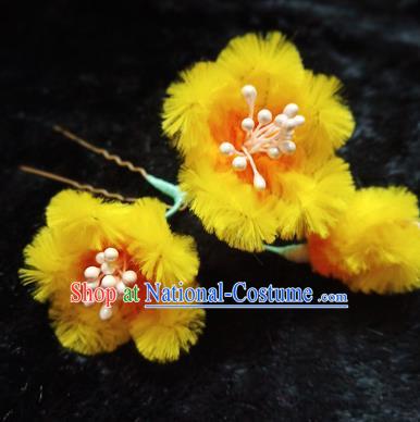 Chinese Handmade Qing Dynasty Court Yellow Velvet Plum Hairpins Traditional Ancient Hanfu Hair Accessories for Women