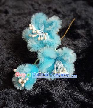 Chinese Handmade Qing Dynasty Court Blue Velvet Plum Hairpins Traditional Ancient Hanfu Hair Accessories for Women