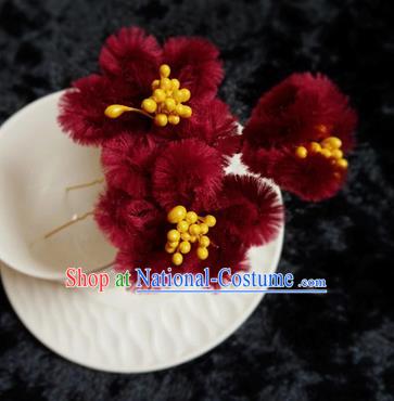 Chinese Handmade Qing Dynasty Court Wine Red Velvet Plum Hairpins Traditional Ancient Hanfu Hair Accessories for Women