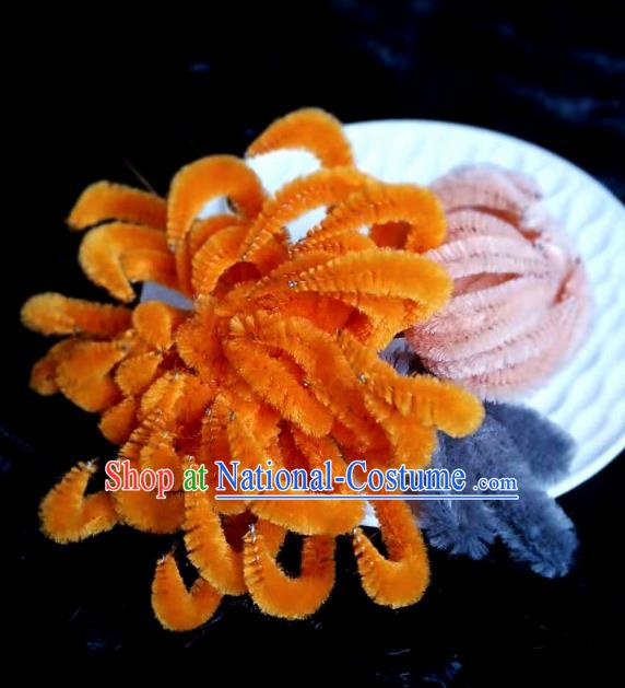 Chinese Ancient Qing Dynasty Court Orange Velvet Chrysanthemum Hairpins Traditional Hanfu Handmade Hair Accessories for Women