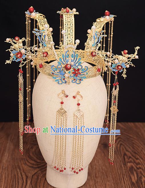 Chinese Ancient Bride Phoenix Coronet Tassel Hairpins Traditional Hanfu Wedding Hair Accessories for Women