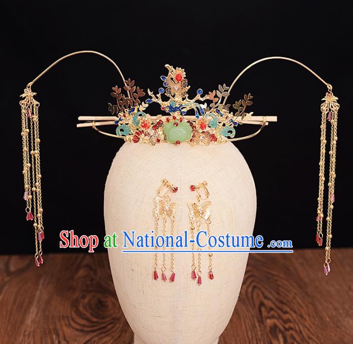 Chinese Ancient Bride Cloisonne Phoenix Coronet Tassel Hairpins Traditional Hanfu Wedding Hair Accessories for Women