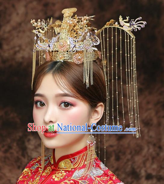 Chinese Ancient Bride Golden Phoenix Coronet Tassel Hairpins Traditional Hanfu Wedding Hair Accessories for Women