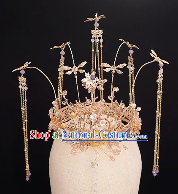 Chinese Ancient Bride Golden Dragonfly Phoenix Coronet Tassel Hairpins Traditional Hanfu Wedding Hair Accessories for Women