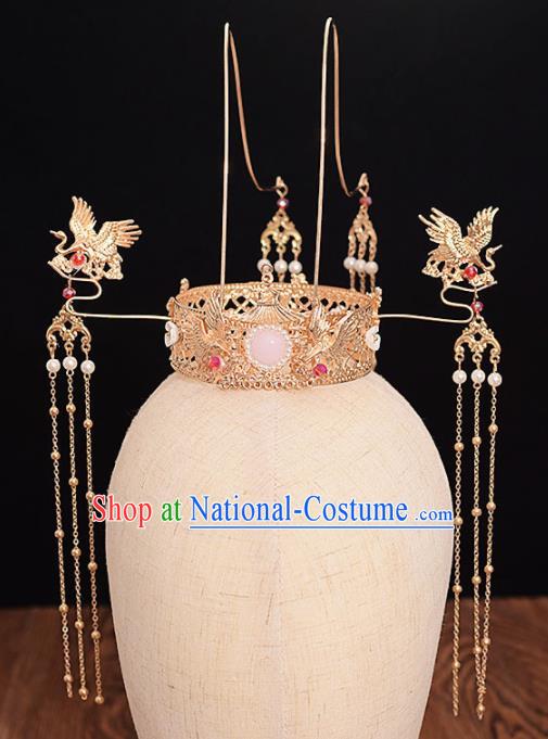 Chinese Ancient Bride Golden Crane Phoenix Coronet Tassel Hairpins Traditional Hanfu Wedding Hair Accessories for Women