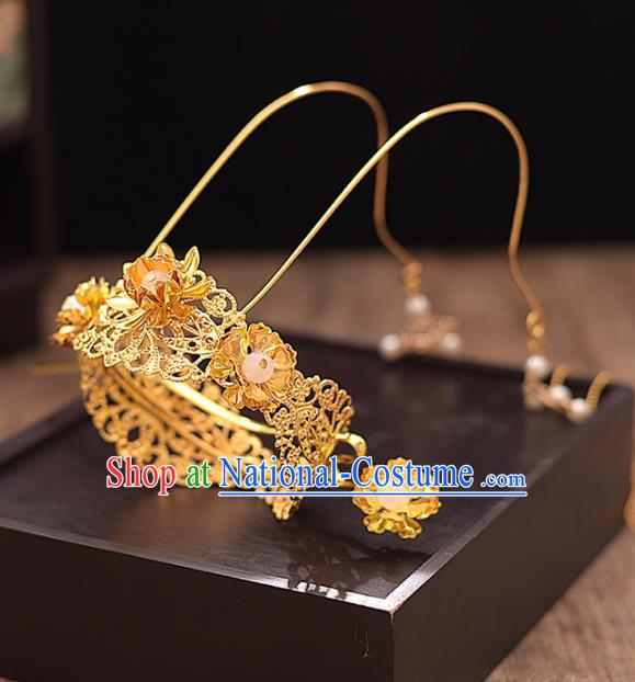 Chinese Ancient Bride Golden Phoenix Coronet Tassel Hairpins Traditional Hanfu Wedding Hair Accessories for Women