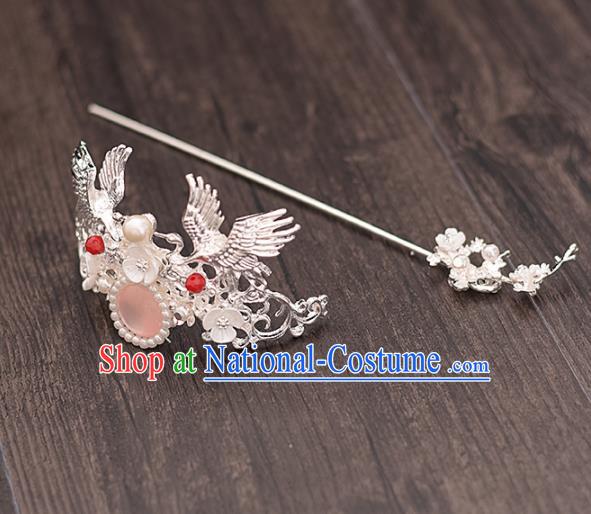 Chinese Ancient Bride Crane Hairdo Crown Hairpins Traditional Hanfu Wedding Hair Accessories for Women