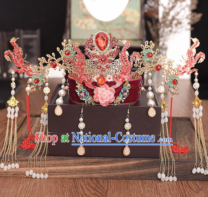 Chinese Ancient Bride Red Phoenix Coronet Hairpins Traditional Hanfu Wedding Hair Accessories for Women