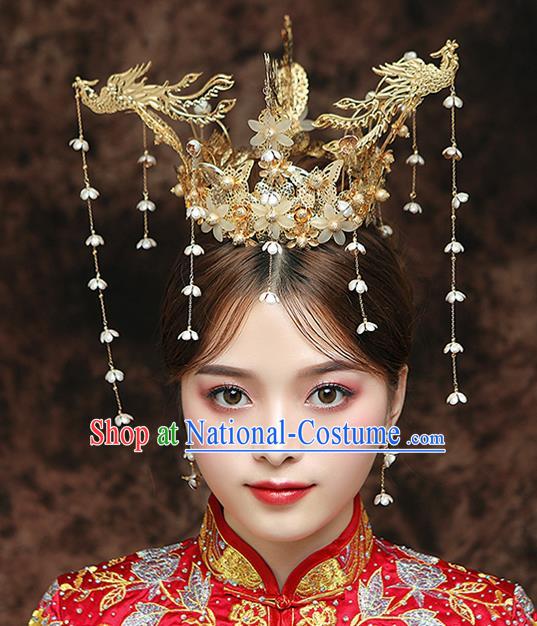 Chinese Ancient Bride Three Phoenix Coronet Hairpins Traditional Hanfu Wedding Hair Accessories for Women