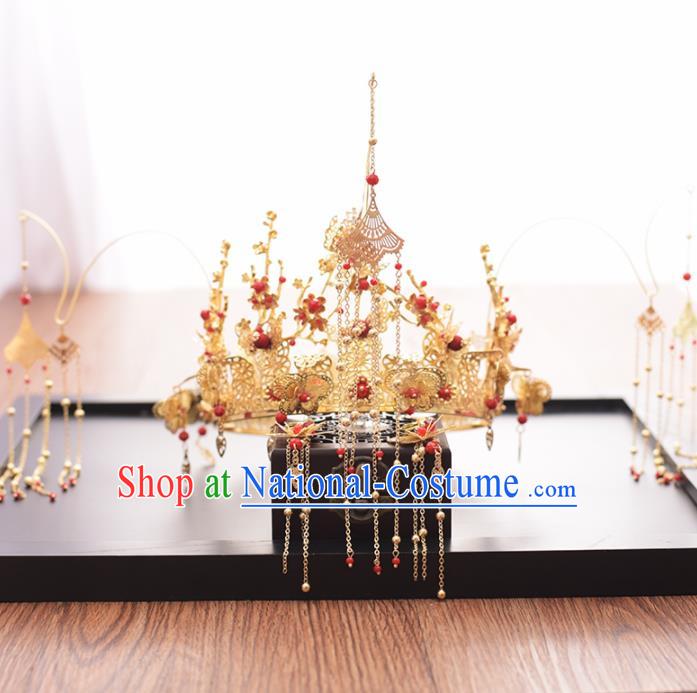 Chinese Ancient Bride Golden Butterfly Phoenix Coronet Hairpins Traditional Hanfu Wedding Hair Accessories for Women