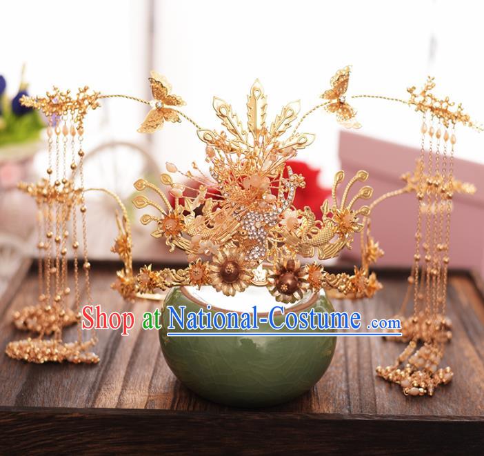 Chinese Ancient Bride Golden Tassel Phoenix Coronet Hairpins Traditional Hanfu Wedding Hair Accessories for Women