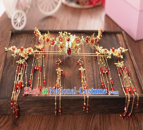 Chinese Ancient Bride Red Crystal Phoenix Coronet Hairpins Traditional Hanfu Wedding Hair Accessories for Women