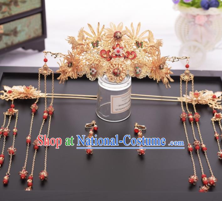 Chinese Ancient Bride Ceramics Bead Phoenix Coronet Hairpins Traditional Hanfu Wedding Hair Accessories for Women