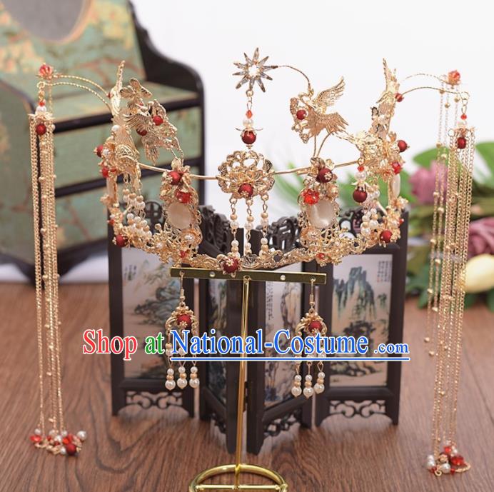 Chinese Ancient Bride Crane Tassel Phoenix Coronet Hairpins Traditional Hanfu Wedding Hair Accessories for Women