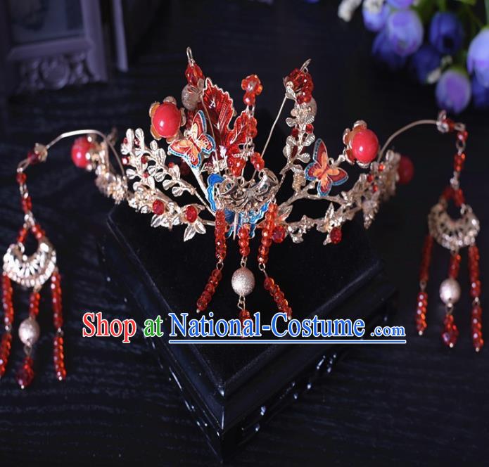 Chinese Ancient Bride Red Phoenix Coronet Hairpins Traditional Hanfu Wedding Hair Accessories for Women