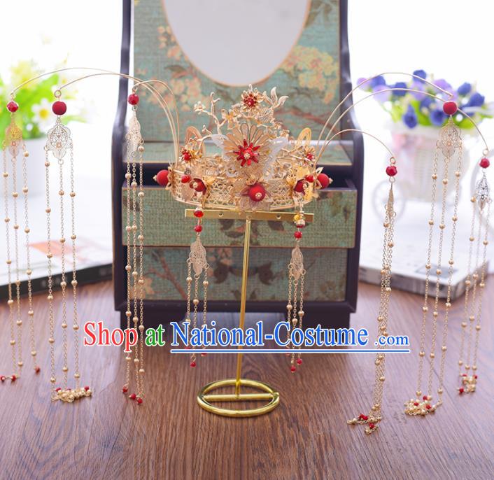 Chinese Ancient Bride Jade Butterfly Phoenix Coronet Hairpins Traditional Hanfu Wedding Hair Accessories for Women