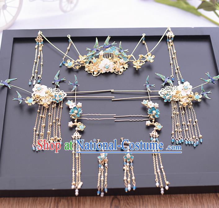 Chinese Ancient Bride Blue Birds Hair Comb Tassel Hairpins Traditional Hanfu Wedding Hair Accessories for Women