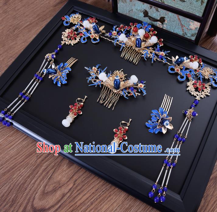 Chinese Ancient Bride Blueing Hair Comb Tassel Hairpins Traditional Hanfu Wedding Hair Accessories for Women