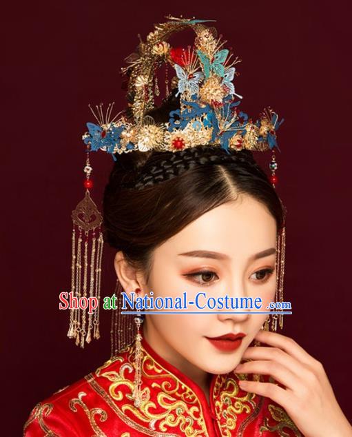 Chinese Ancient Bride Blue Butterfly Phoenix Coronet Tassel Hairpins Traditional Hanfu Wedding Hair Accessories for Women