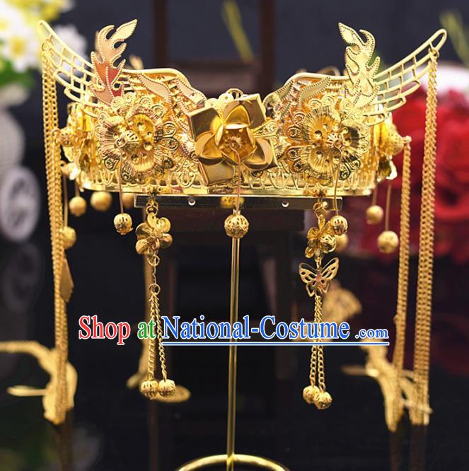 Chinese Ancient Bride Golden Flowers Phoenix Coronet Tassel Hairpins Traditional Hanfu Wedding Hair Accessories for Women