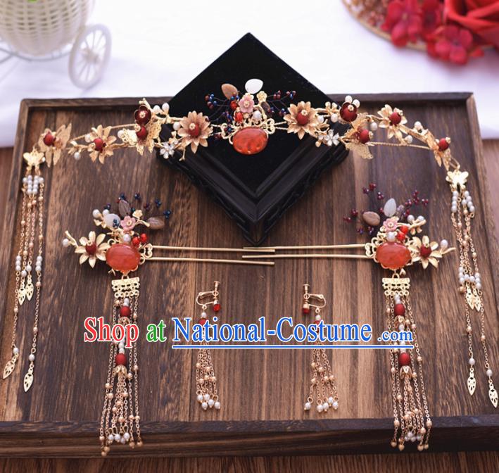 Chinese Ancient Bride Garnet Hair Clasp Tassel Hairpins Traditional Hanfu Wedding Hair Accessories for Women