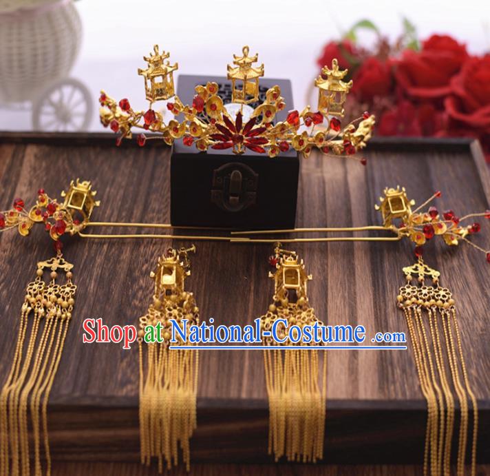 Chinese Ancient Bride Hair Crown Tassel Hairpins Traditional Hanfu Wedding Hair Accessories for Women