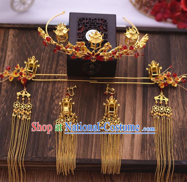 Chinese Ancient Bride Hair Crown Tassel Hairpins Traditional Hanfu Wedding Hair Accessories for Women