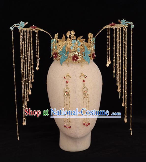 Chinese Ancient Bride Blue Cranes Tassel Phoenix Coronet Hairpins Traditional Hanfu Wedding Hair Accessories for Women