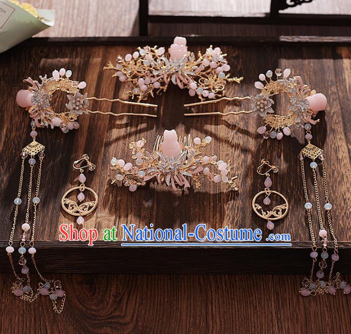 Chinese Ancient Bride Pink Stone Hair Comb Tassel Hairpins Traditional Hanfu Wedding Hair Accessories for Women