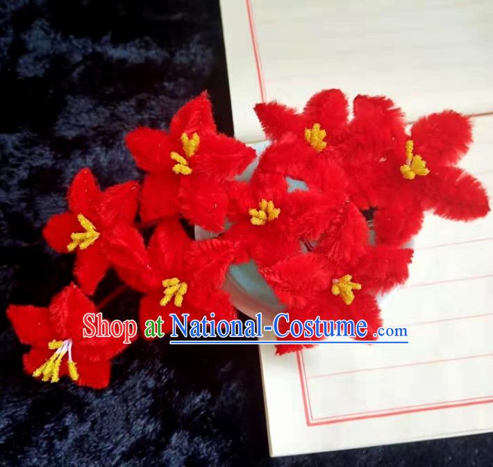 Chinese Ancient Red Velvet Flowers Hairpins Traditional Hanfu Handmade Hair Accessories for Women