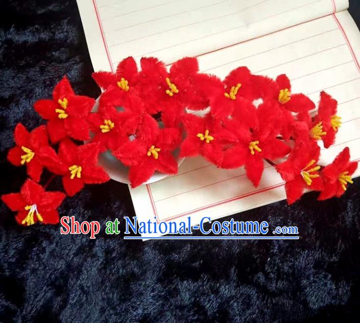 Chinese Ancient Red Velvet Flowers Hairpins Traditional Hanfu Handmade Hair Accessories for Women