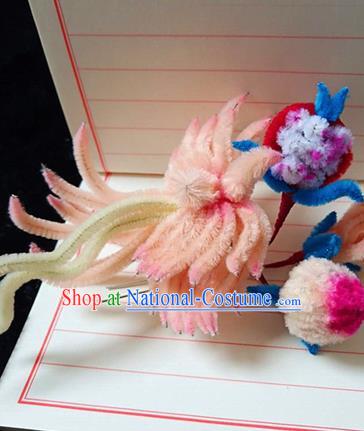 Chinese Ancient Court Pink Velvet Phoenix Chrysanthemum Hairpins Traditional Hanfu Handmade Hair Accessories for Women