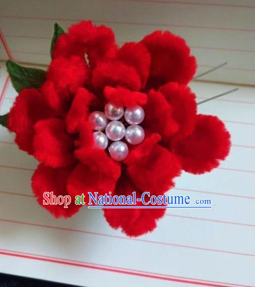 Chinese Ancient Court Red Velvet Peony Hairpins Traditional Hanfu Handmade Hair Accessories for Women