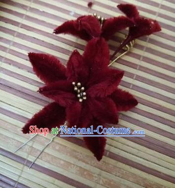 Chinese Ancient Court Wine Red Velvet Lily Flowers Hairpins Traditional Hanfu Handmade Hair Accessories for Women