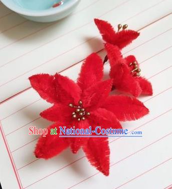 Chinese Ancient Court Red Velvet Lily Flowers Hairpins Traditional Hanfu Handmade Hair Accessories for Women