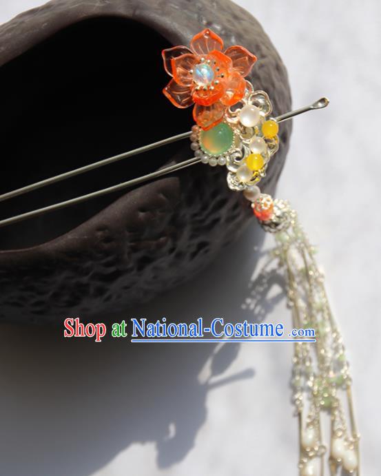 Chinese Ancient Princess Red Lotus Tassel Hairpins Traditional Handmade Hanfu Hair Accessories for Women