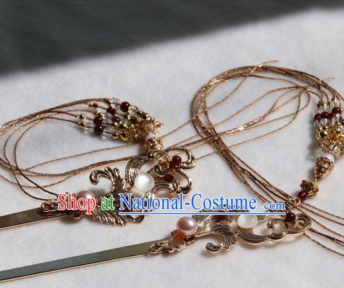 Chinese Ancient Princess Golden Hairpins Tassel Step Shake Traditional Handmade Hanfu Hair Accessories for Women