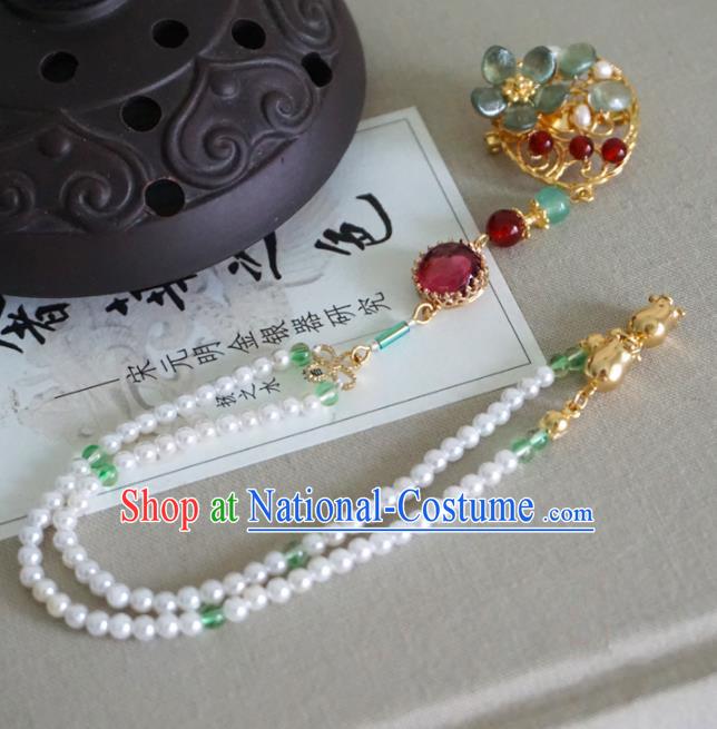 Chinese Ancient Court Pearls Tassel Brooch Traditional Princess Hanfu Breastpin Accessories for Women