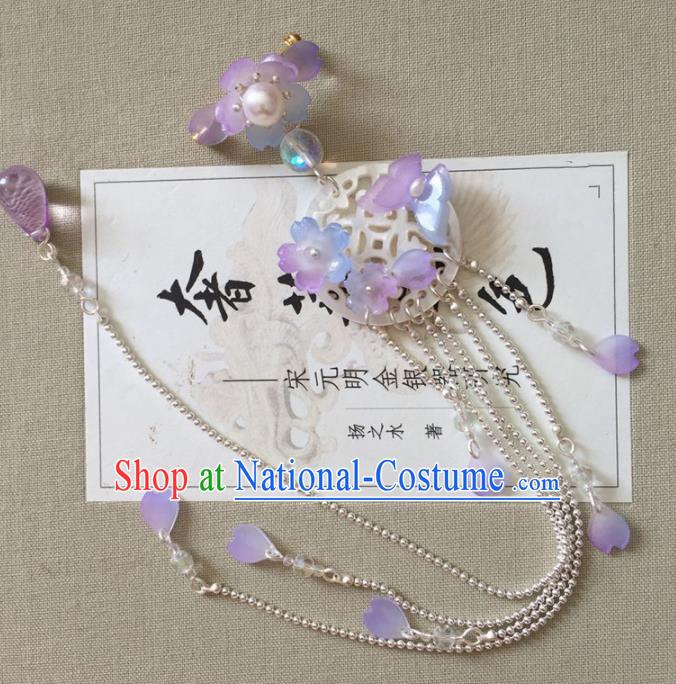 Chinese Ancient Court Purple Flowers Tassel Brooch Traditional Princess Hanfu Breastpin Accessories for Women