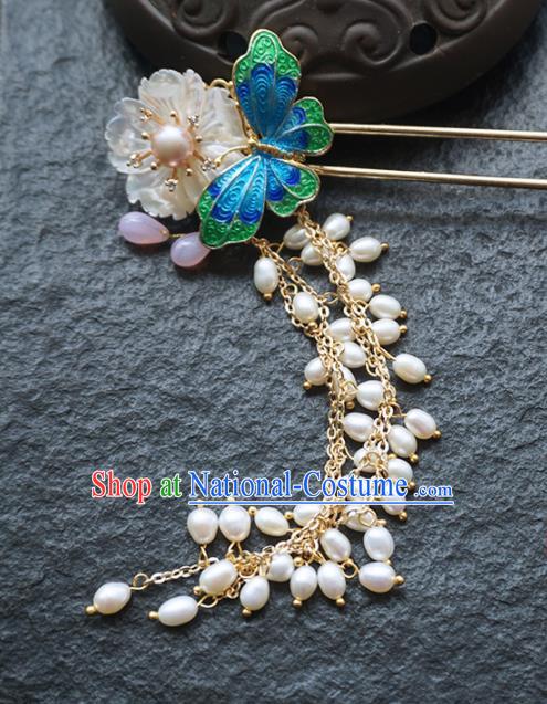 Chinese Ancient Princess Blueing Butterfly Beads Tassel Hairpins Traditional Handmade Hanfu Hair Accessories for Women