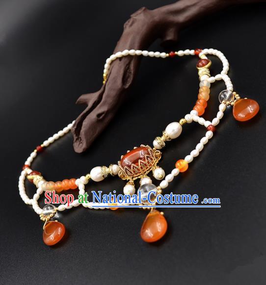 Chinese Ancient Court Wedding Agate Pearls Necklace Traditional Princess Hanfu Necklet Accessories for Women