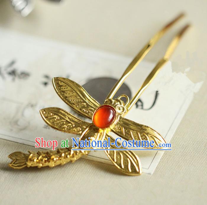 Chinese Ancient Princess Golden Dragonfly Hairpins Traditional Handmade Hanfu Hair Accessories for Women